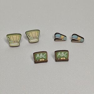 Bundle of school themed wood stud earrings chalkboard stapler computer